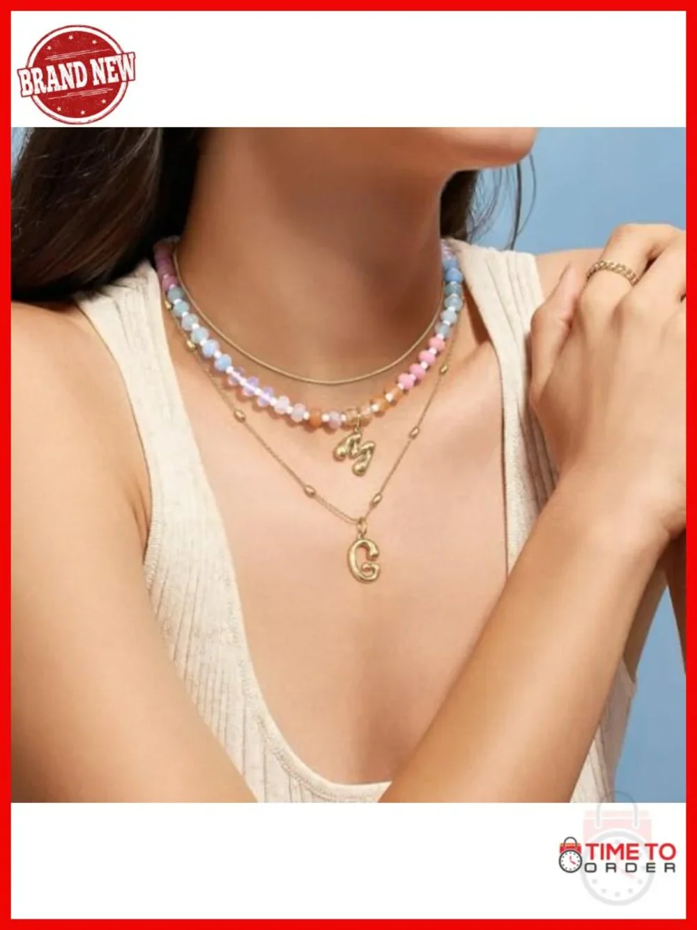 14K Gold Bubble Letter Pendant Necklace, Natural Stone Choker 16